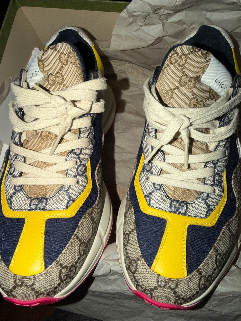 Gucci mens GG Monogram Sneakers with Navy and Yellow Accents